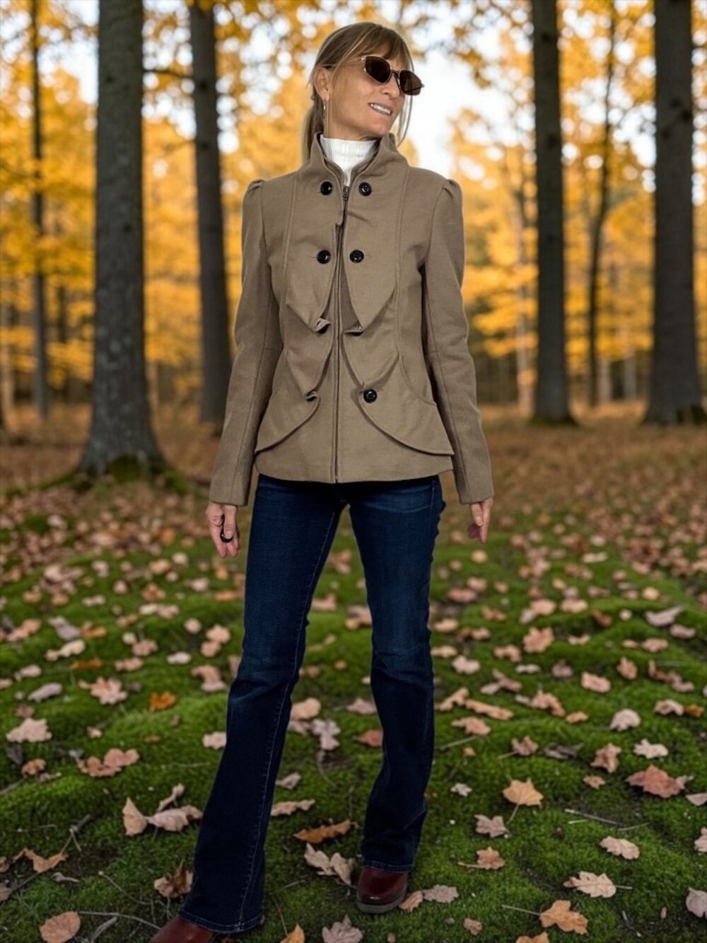 Anthropologie Indra Wool Ruffle Jacket 6 Tan Zip Front Military Fall